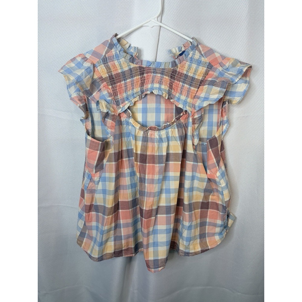 Old Navy Flutter Sleeve Smocked Yoke Blouse Sz Large Multi Plaid Cutout Keyhole
